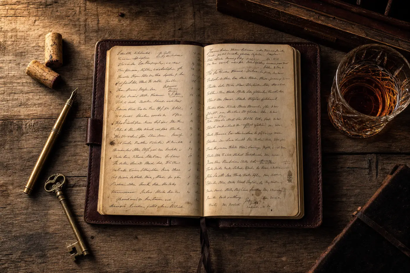 An open hand-written ledger book on weathered oak, with a brass fountain pen, a skeleton key, and a rocks glass of bourbon.