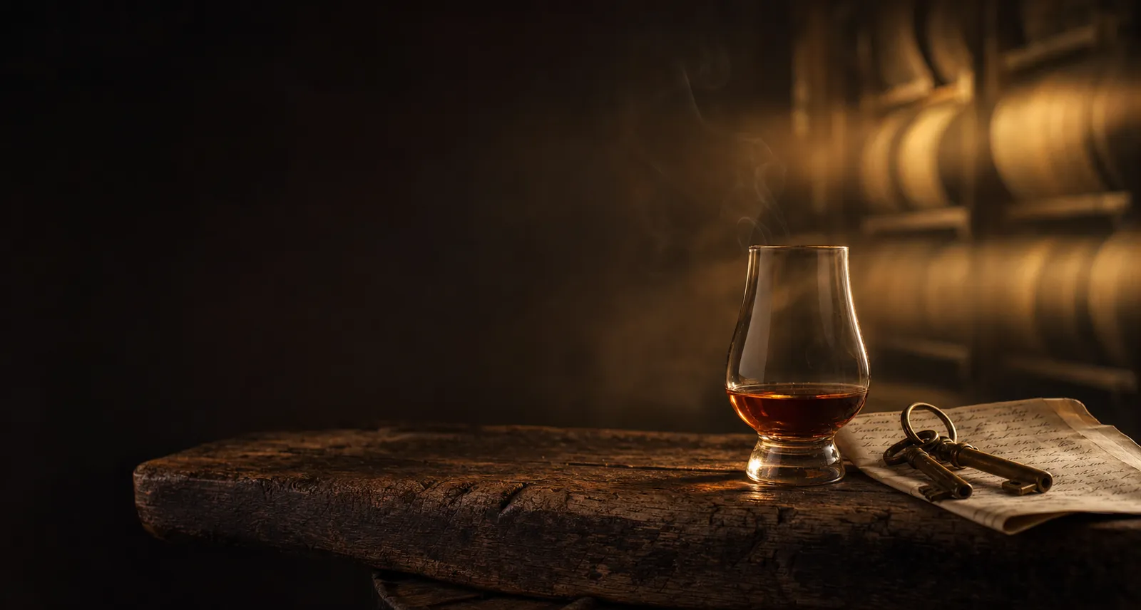 A Glencairn nosing glass holding warm amber bourbon on a reclaimed Missouri walnut shelf, an antique brass keyring on handwritten tasting notes beside it, oak rickhouse barrels glowing in golden-hour backlight.