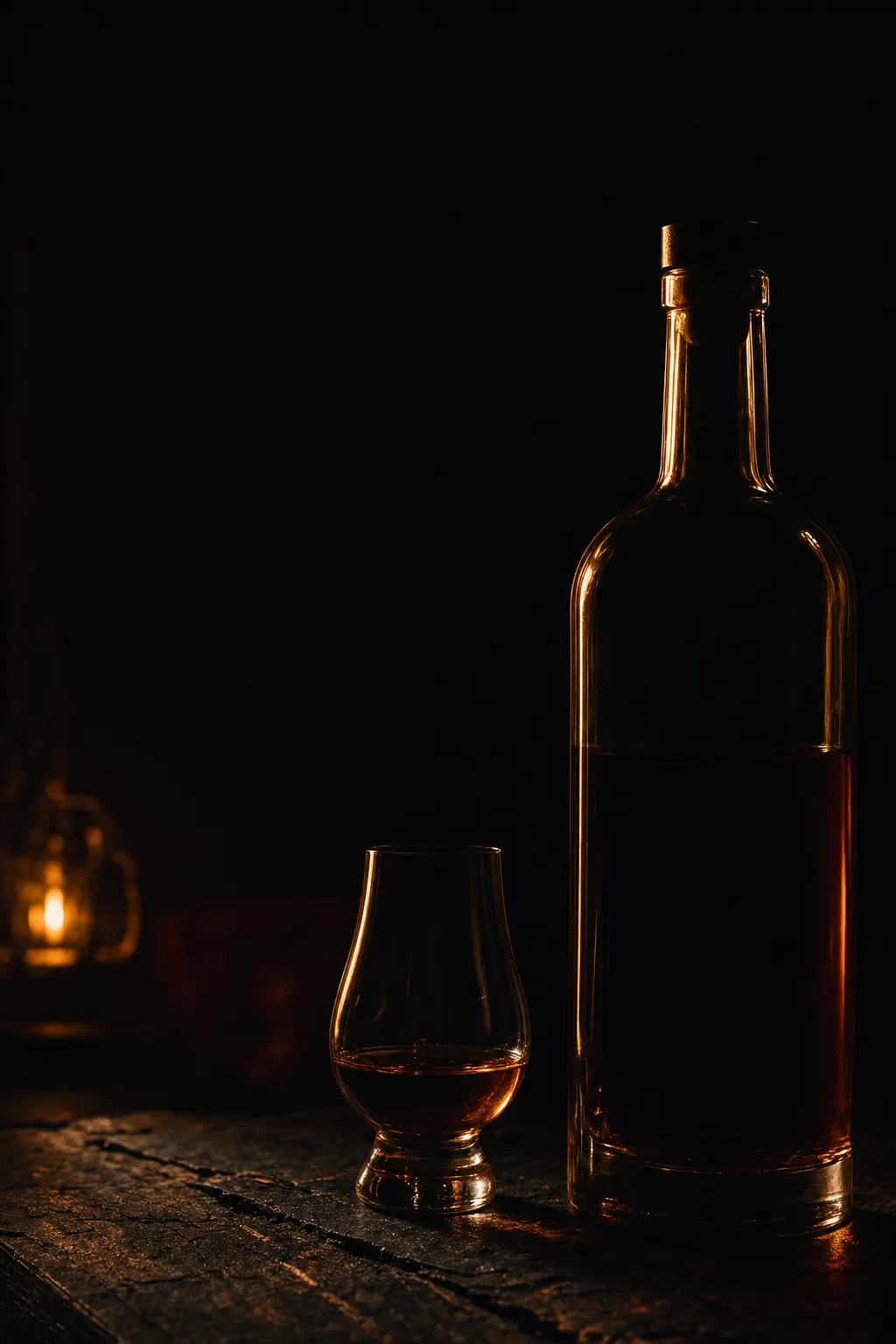 A tall amber-filled bourbon bottle emerging from deep shadow next to a Glencairn glass, with distant candle glow.