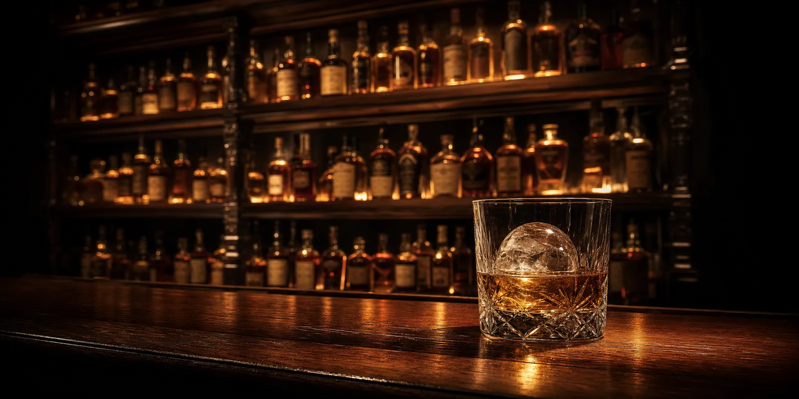 A dark vintage tavern back-bar at night with three tiers of glowing bourbon bottles and a single rocks glass holding amber bourbon over a clear ice sphere.